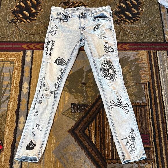 Rogue Blue Skinny Jeans with Artistic Design - Picture 1 of 8